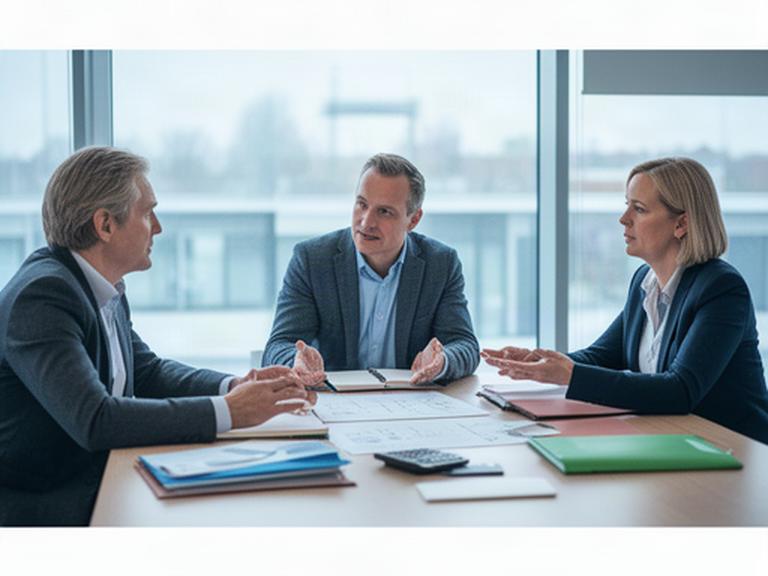 Ondernemers bespreken een herstructureringsplan aan een vergadertafel in een kantoor in Gelderland