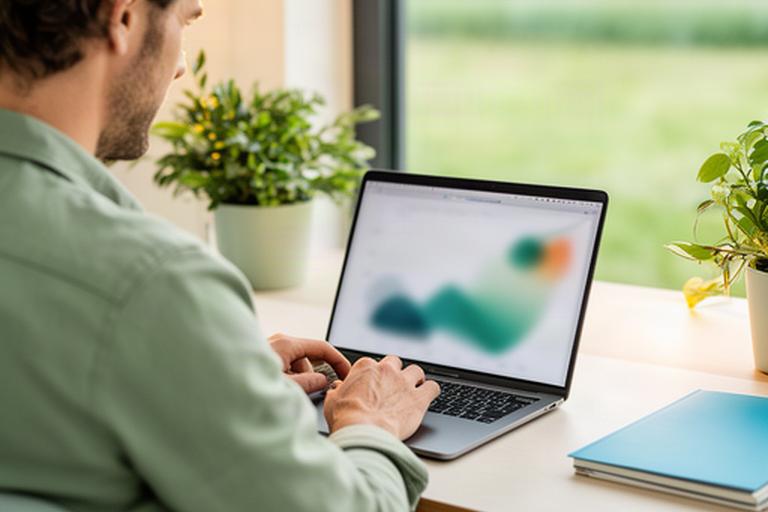 Ondernemer van een duurzame startup bekijkt groeicijfers op een laptop in Oost-Nederland