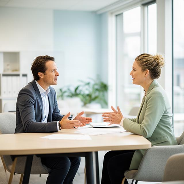Strategisch adviseur bespreekt groeiplan aan tafel in een licht kantoor in Lochem